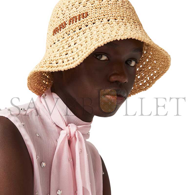 MIU MIU HAT EMBROIDERED-LOGO RAFFIA BUCKET HAT 5HC287